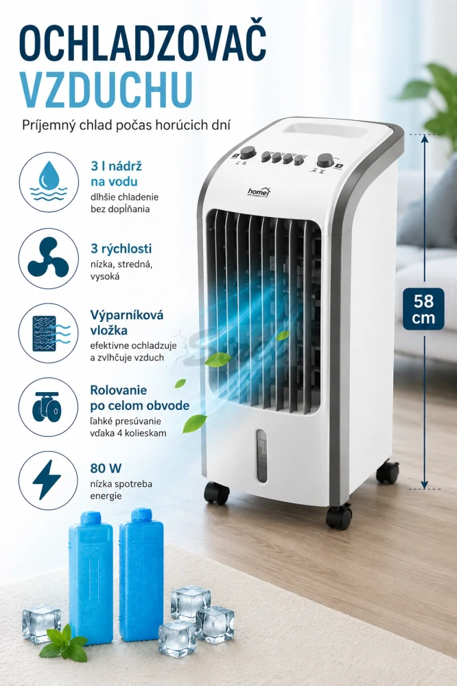 R8 Home 301 Ochladzovač vzduchu, 3 l nádrž na vodu, 3 rýchlosti, výparníková vložka, 80 W