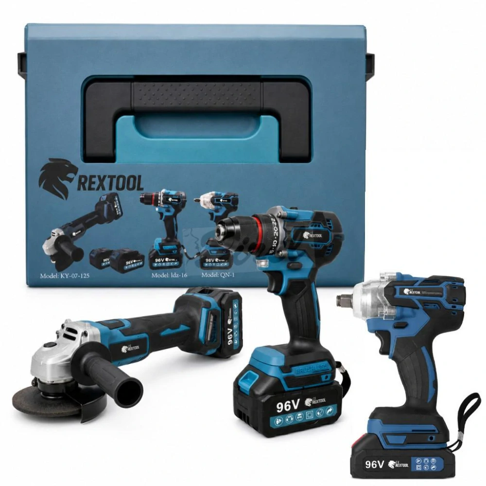 Trojdielna sada akumulátorového náradia Rextool s 2×96 V akumulátormi