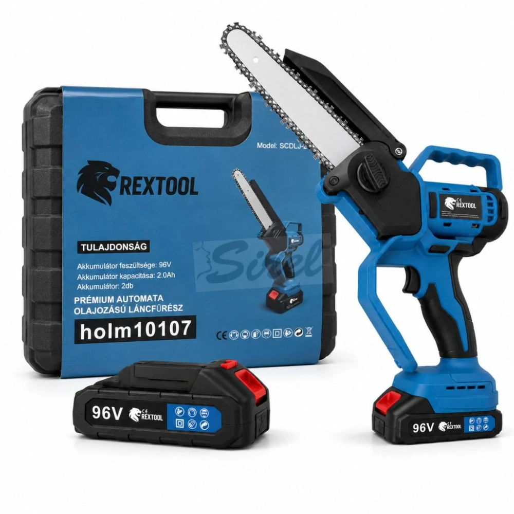 Rextool Premium reťazová píla s automatickým mazaním, s indikátorom nabitia a 2×96 V akumulátormi