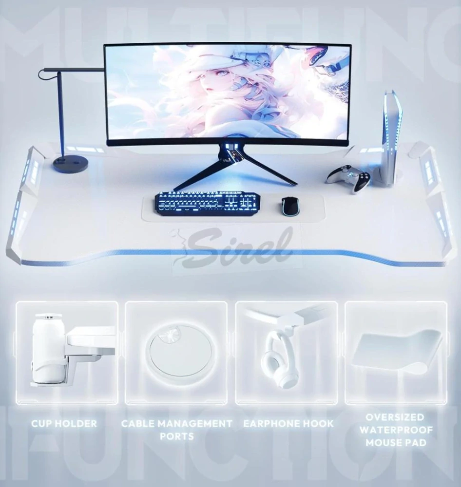 Dowinx RGB herný stôl 120×60 cm – biely, s držiakom na pohár, držiakom na slúchadlá a diaľkovým ovládaním