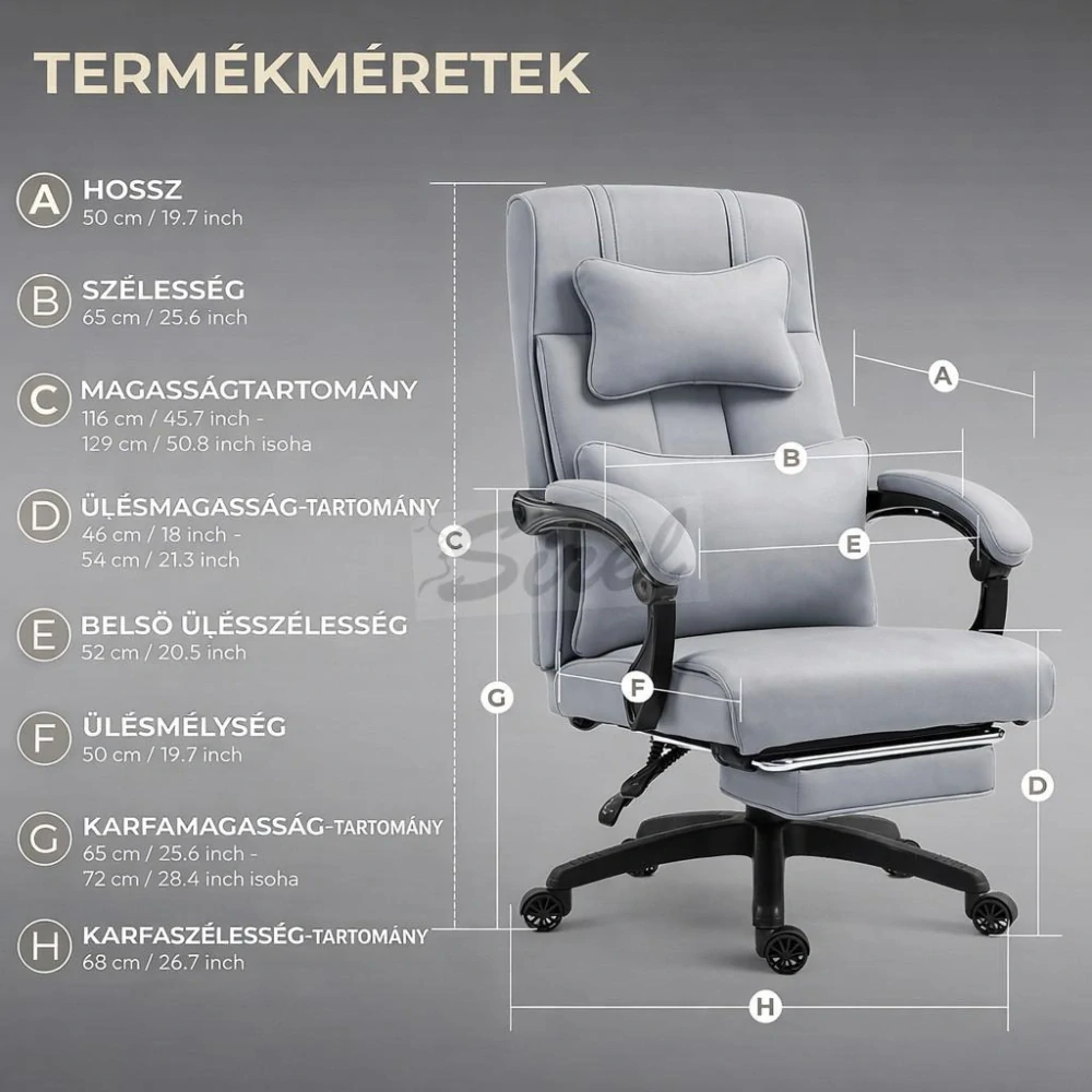 Dowinx manažérska stolička, sivá – s opierkou nôh a nastaviteľnou bedrovou a opierkou hlavy.