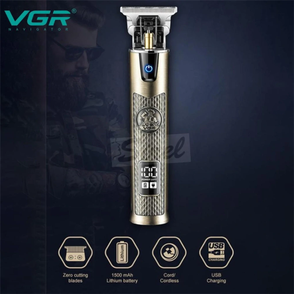 VGR V-983 Profesionálny bezdrôtový strojček na vlasy a kontúry – T-čepeľ, 0 mm strih, 1500 mAh batéria, výdrž až 200 minút