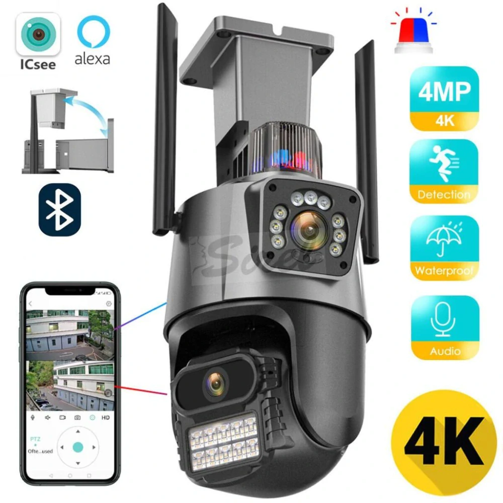 Titan 360° 8MP 4K WiFi vonkajšia PTZ bezpečnostná kamera – iCSee, nočné videnie, sledovanie pohybu, IP66, sivá-čierna