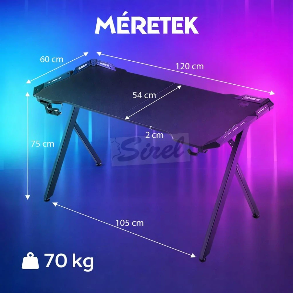 Dowinx RGB herný stôl 120×60 cm – čierny, s držiakom na pohár, držiakom na slúchadlá a diaľkovým ovládaním.