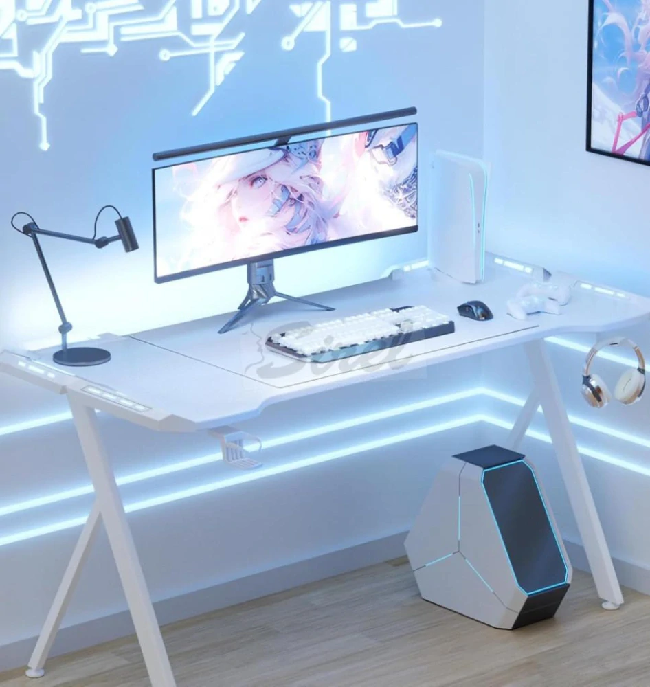 Dowinx RGB herný stôl 120×60 cm – biely, s držiakom na pohár, držiakom na slúchadlá a diaľkovým ovládaním