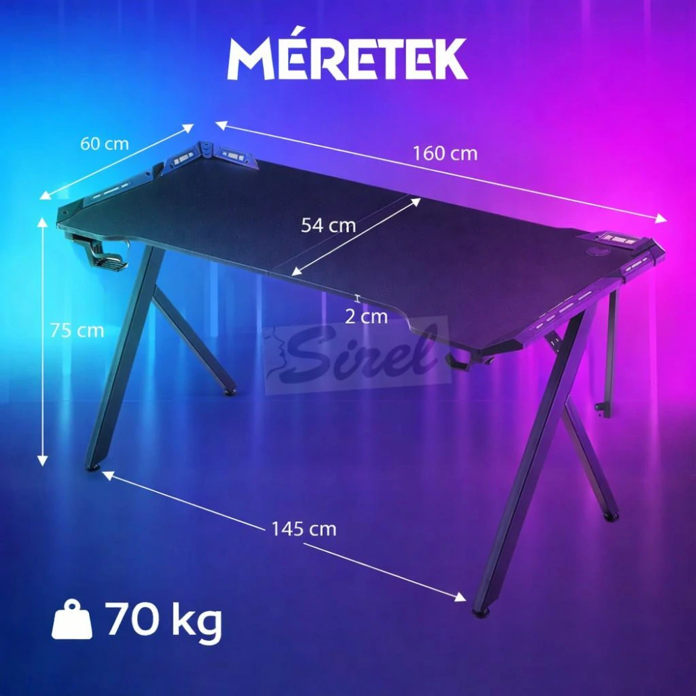 Dowinx RGB herný stôl 160×60 cm – čierny, s držiakom na pohár, držiakom na slúchadlá a diaľkovým ovládaním.