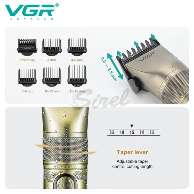 VGR V-659 Profesionálny strojček na vlasy – keramická a práškovo-metalurgická čepeľ, Zoom Wheel nastavenie, IPX7 vodotesný, 6500–7500 RPM, výdrž až 300 minút