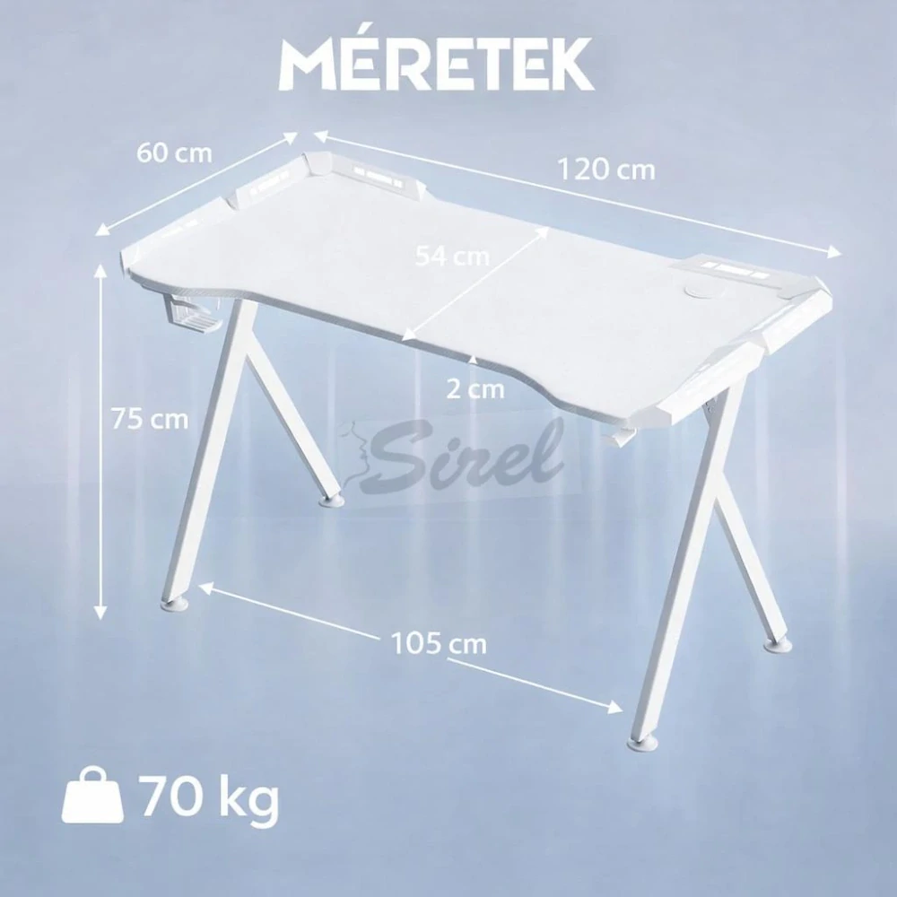 Dowinx RGB herný stôl 120×60 cm – biely, s držiakom na pohár, držiakom na slúchadlá a diaľkovým ovládaním