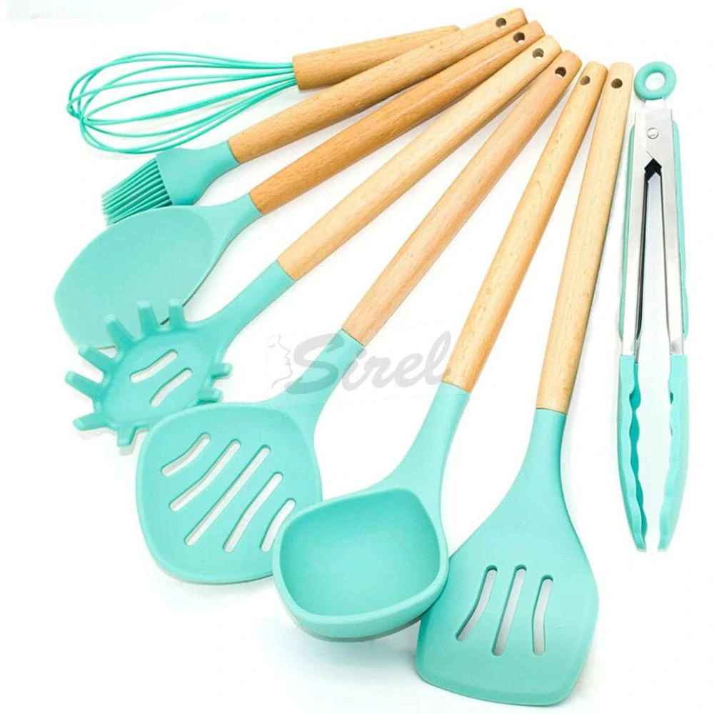 Darčeková sada R8 12-dielna Kuchynská silikónová súprava s nepriľnavou rukoväťou, tyrkysovo modrá